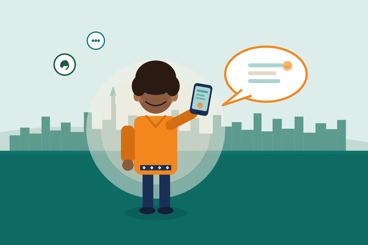 Illustration of a friendly MelaGO support person holding a phone beside a speech bubble